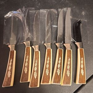 Regent Sheffield Steak Knife Set of 6 Brown‎ & Cream Handle Leaf Design Vintage